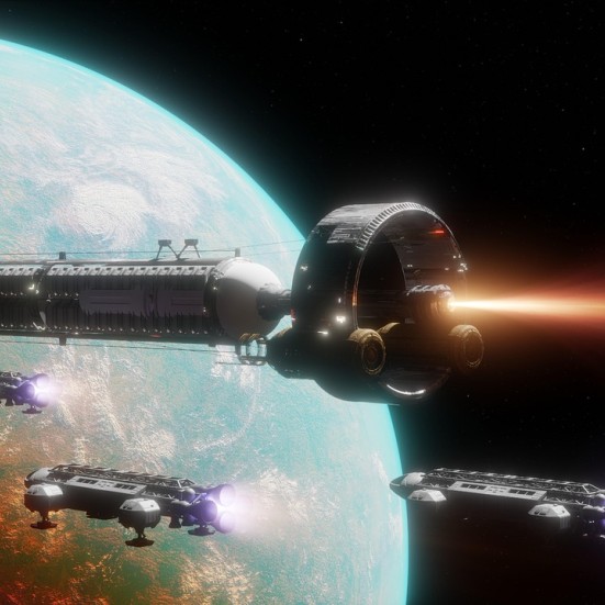 Rumskibe der flyver mod en planet. 