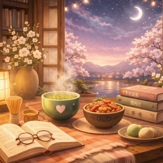 Bord i japansk setting med bog, snacks og matcha