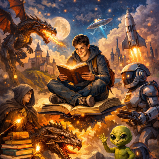 Mand læser i et univers med fantasy og rumvæsner