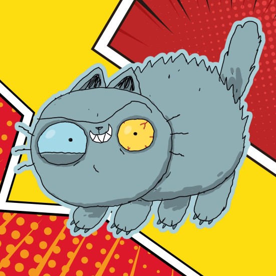 Illustration af den fjollet grå kat Møgmis med forskelligfarvede øjne.