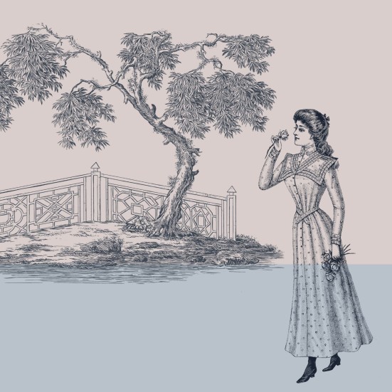 Stregtegning af 1800-tals-dame og bro