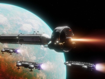 Rumskibe der flyver mod en planet. 