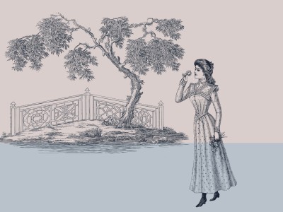 Stregtegning af 1800-tals-dame og bro