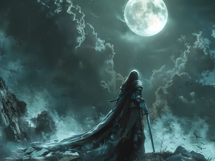 Kvinde klædt i rustning stirrer på månen. 