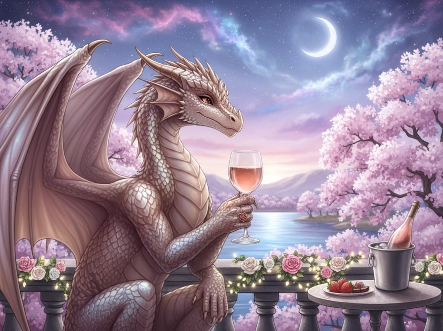 Billede af drage med et glas rosévin. 