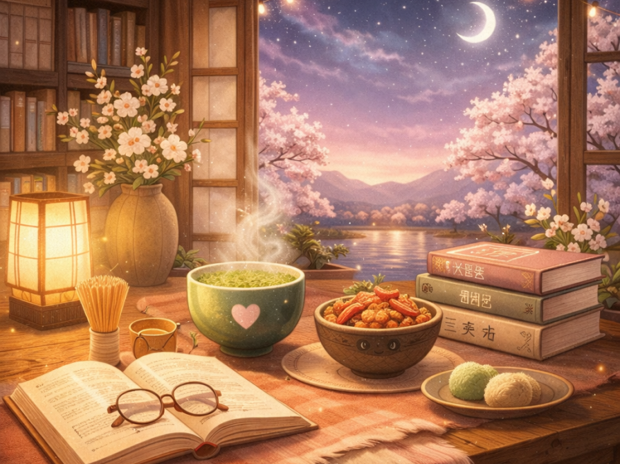 Bord i japansk setting med bog, snacks og matcha