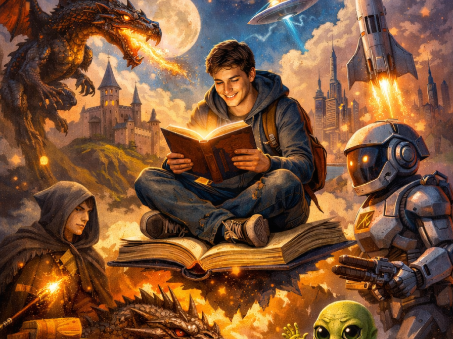 Mand læser i et univers med fantasy og rumvæsner