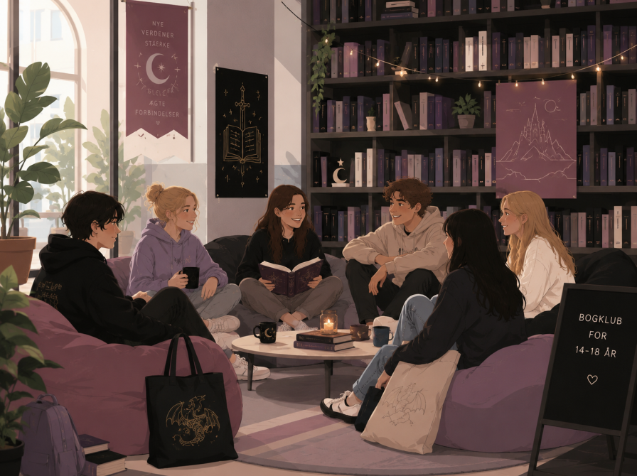 En gruppe af unge sidder sammen i biblioteksrummet