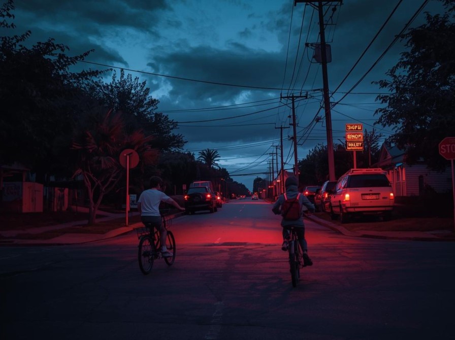 To drenge, der cykler om aftenen på en rødt-oplyst vej
