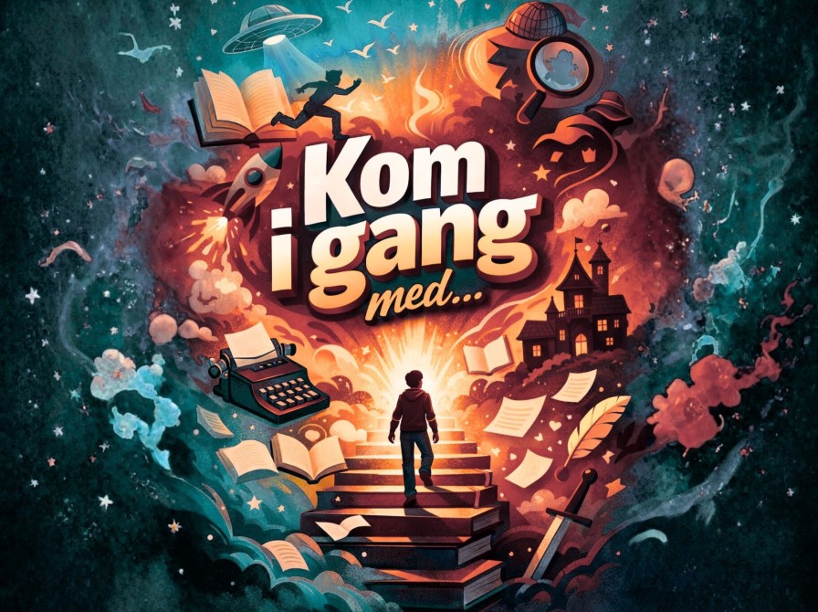 AI-grafik til artikelserie - skikkelse går op ad trappe og rundtom er forskellige symboler, fx en skrivemaksine, en lup, en ufo